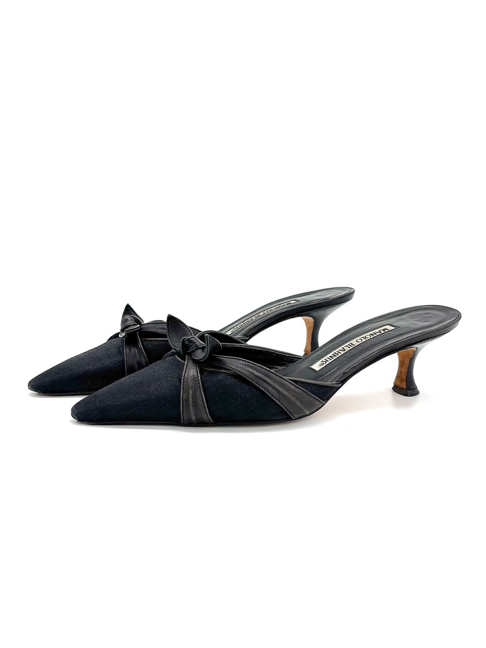 Vintage Manolo Blahnik Bow Kitten Heel Pointed Toe Mules Pumps 36.5